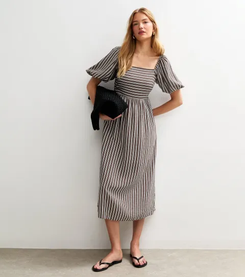 Women's Brown Striped Square Neck Milkmaid Midi Dress
