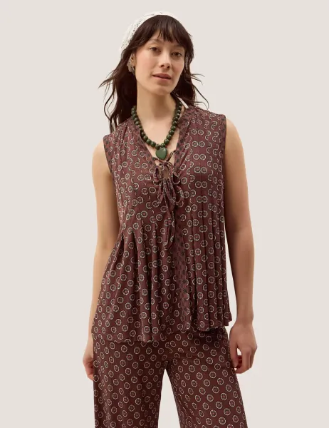 Monsoon Jersey Geometric Tie Neck Top Chocolate