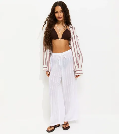 New Look Women's Petite White Striped Beach Wide Leg Trousers