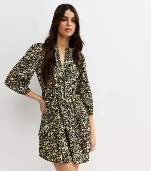 Women's Black Ditsy Floral Tiered Mini Dress