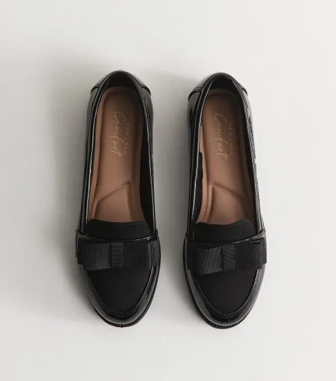 Women's Black Patent Faux Leather Hardware Detail Almond Toe Loafers Vegan