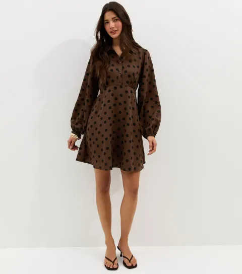 Women's Dark Brown Floral Long Sleeve Mini Shirt Dress