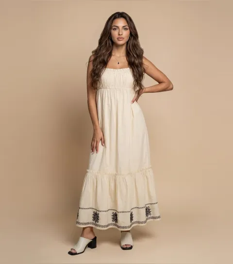 Women's Cream Embroidered Hem Maxi Dress
