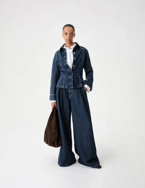 Marks & Spencer Denim Collared Fitted Panelled Shirt Dark Indigo