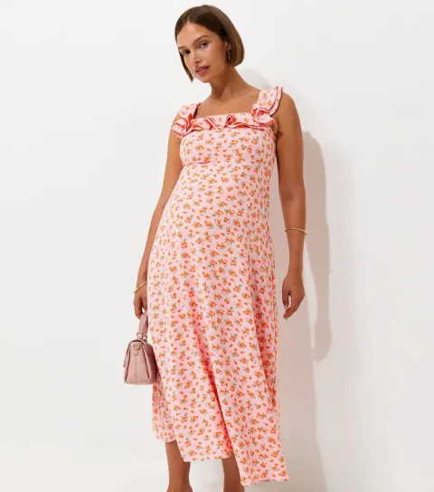 Women's Maternity Pink Ditsy Floral Ruffled Neck Midi Dress