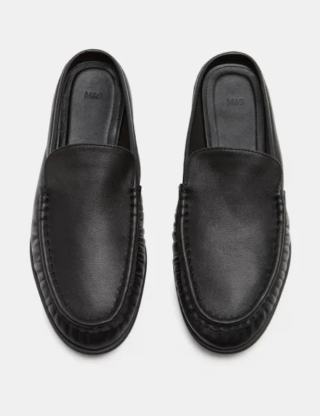Marks & Spencer Leather Ruched Backless Flat Loafers Black