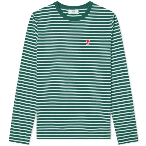AMI Long Sleeve Heart Logo Stripe Tee