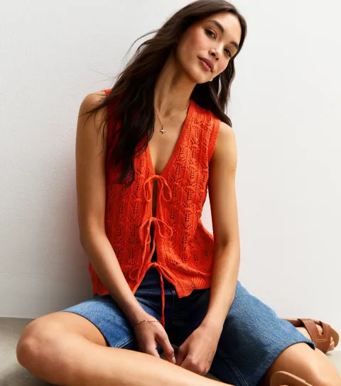 Women's Orange Crochet Knit Tie Front Vest
