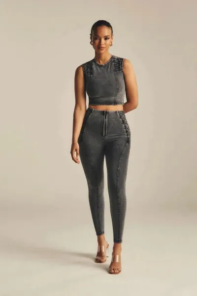 Freddy WRUP Denim Criss Cross Detail - High Waisted - 7/8 Length - Dark Grey Denim + Black Stitching