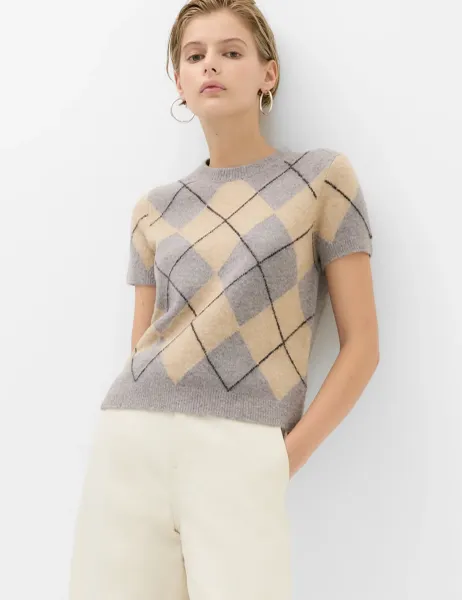 Marks & Spencer Argyle Crew Neck Slim Fit Knitted Top With Wool Grey Mix