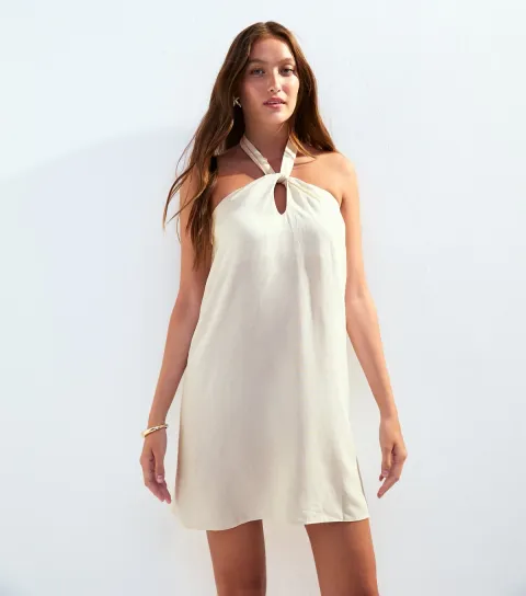Women's Stone Linen Look Halterneck Mini Dress