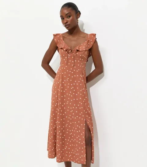Women's Brown Spotty Ruffle Strap Midi Dress