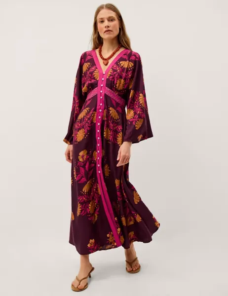 Monsoon Koa Long Sleeve Floral Midi Dress Berry