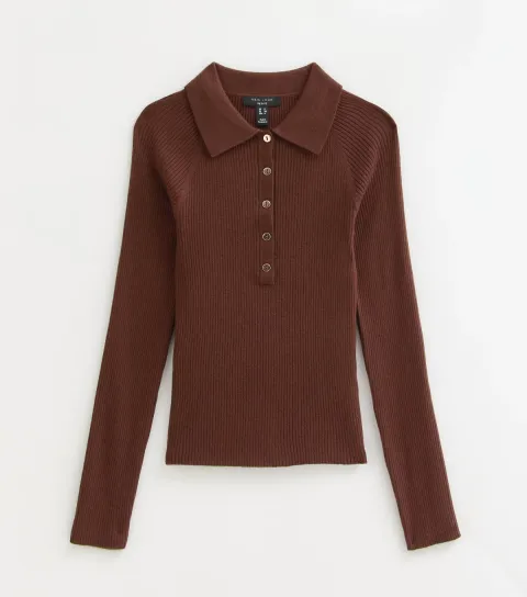 Women's Petite Dark Brown Lightweight Rib Polo Shirt