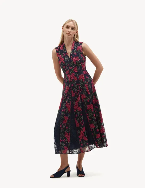 Hobbs Floral Embroidered V Neck Midi Skater Dress Pink Mix