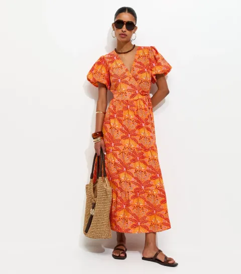 Women's Orange Crepe Tropical Pattern Wrap Midi Dress