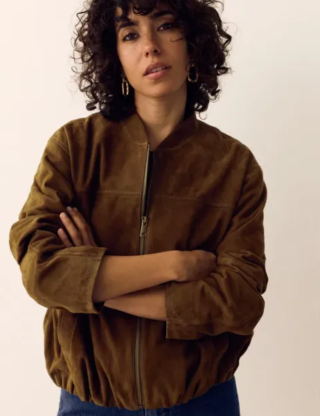 Per Una Suede Bubble Hem Relaxed Bomber Jacket Dark Khaki