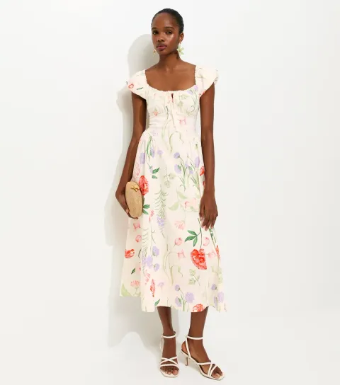 Women's White Floral Print Corset Midi Dress