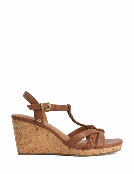 Dune London Wide Fit Leather Plait Detail Wedge Sandals Tan