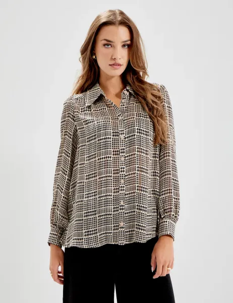 Finery London Printed V-Neck Blouse Beige Mix