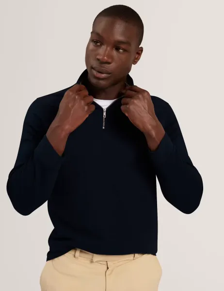 Ted Baker Cotton Blend Textured Half Zip Jumper Navy