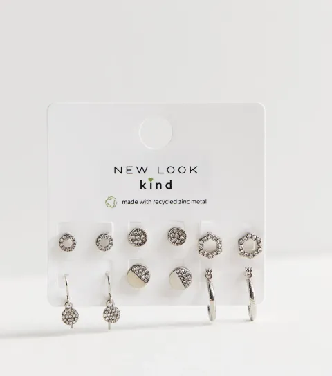 New Look 6 Pack Silver Diamanté Stud and Hoop Earrings