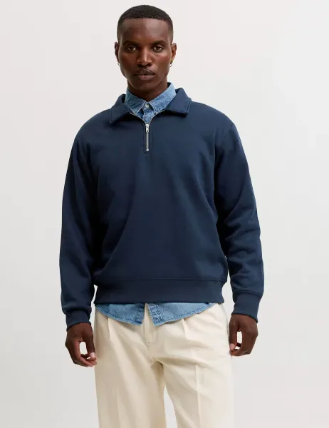 Jack & Jones Cotton Blend Half Zip Long Sleeve Sweatshirt Navy