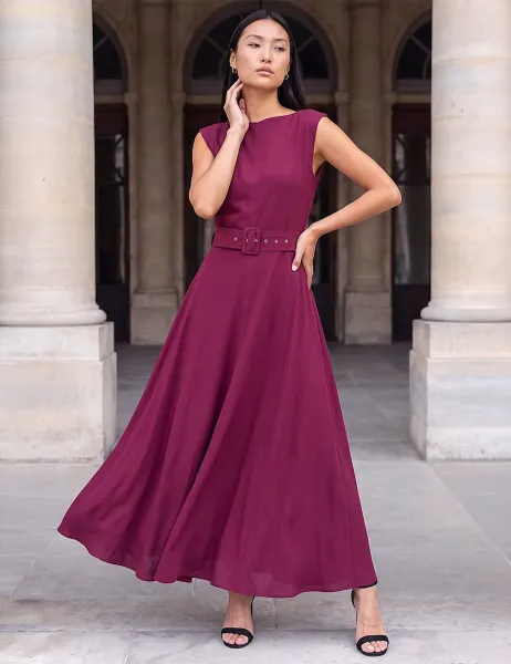 Roman Belted Asymmetric Neck Knee Length Dress Burgundy Mix
