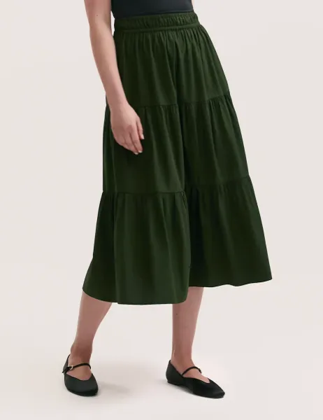 Finery London Pure Cotton Midi Tiered Skirt Dark Khaki