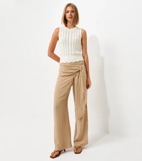 Women's Camel Striped Wrap Front Wide Leg Trousers