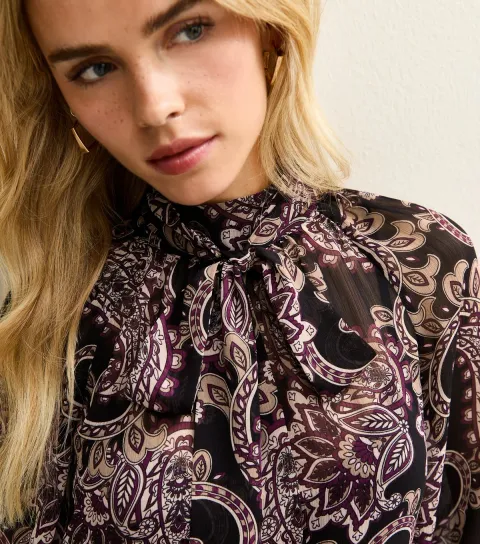 Women's Petite Black Paisley Print High Neck Chiffon Blouse