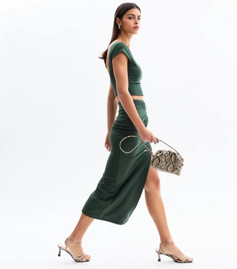 New Look Women's Khaki Knot Side Midi Skirt
