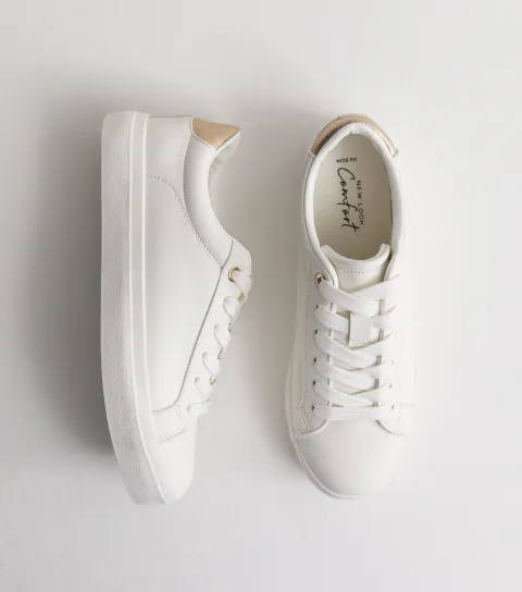 Women's Wide Fit White Faux Leather Lace Up Trainers Vegan