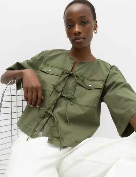 Marks & Spencer Pure Cotton Utility Tie Front Cropped Blouse Dark Khaki