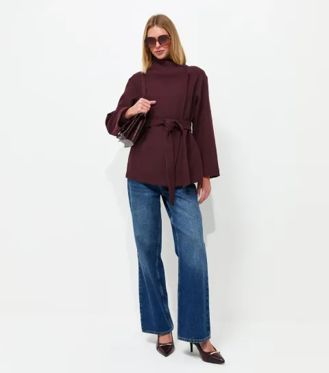 New Look Women's Dark Burgundy High Neck Belted Jacket