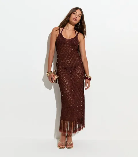 Women's Brown Bead Crochet Tassle Maxi Beach Dress