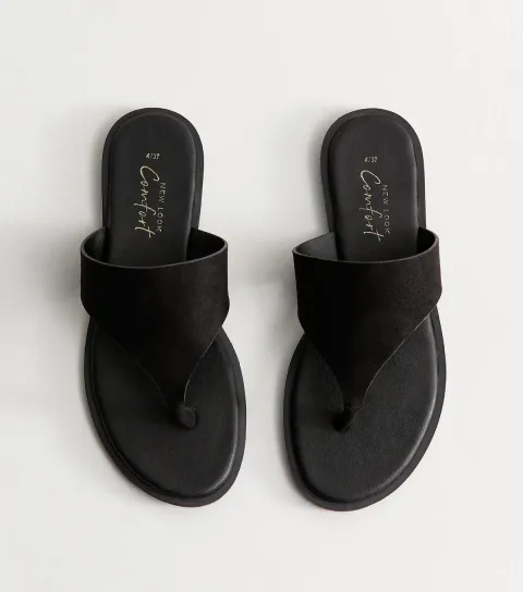 Women's Black Faux Suede Wide Toe Strap Flat Sandals Vegan