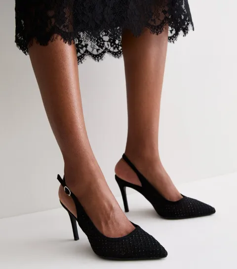 New Look Women's Wide Fit Black Mesh Embellished Slingback Pumps Vegan
