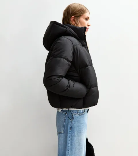 Women's Black Hooded Cropped Puffer Jacket