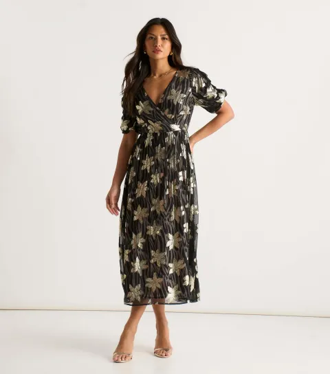Women's Black Metallic Flower Wrap Midi Dress