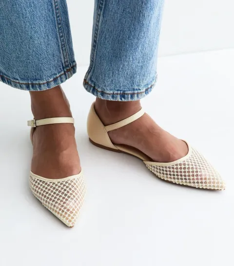 Women's Cream Beaded Mesh Pointed Toe Flats Vegan