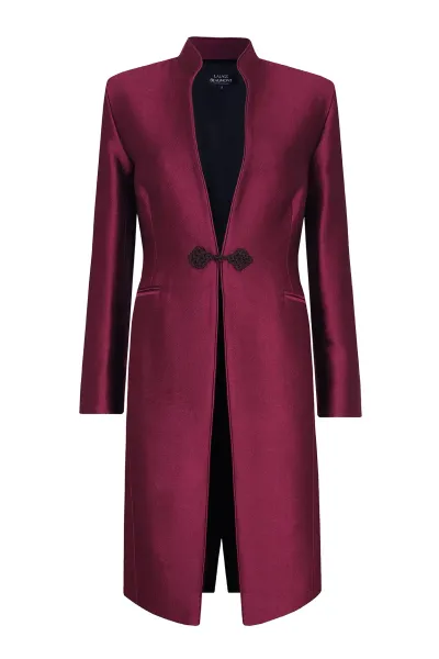 Vicky Long Coat in Carmine Plain Brocade