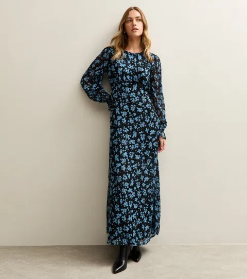 Women's Blue Floral Long Sleeve Maxi Dress