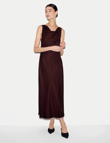 Jigsaw Satin Cowl Neck Midi Dress Burgundy