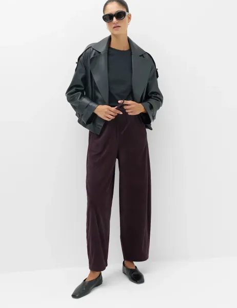 Marks & Spencer Cord Pull On Barrel Leg Trousers Dark Aubergine