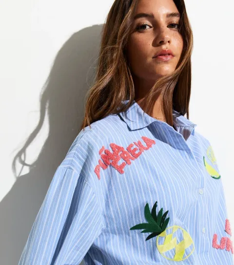 Women's Blue Pina Fresca Stripe Embroidered Shirt