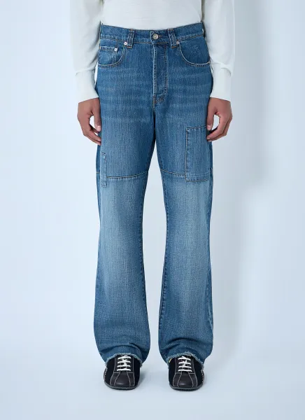 Patched Slub Wide-Leg Jeans