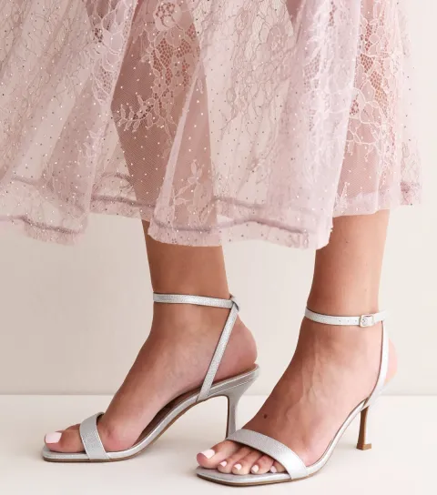 New Look Women's Silver Shimmer Faux Leather Heeled Sandals Vegan