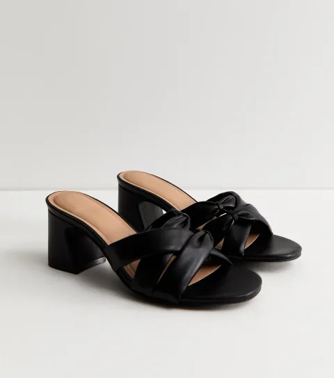 Women's Wide Fit Black Faux Leather Knotted Strap Mule Sandals Vegan