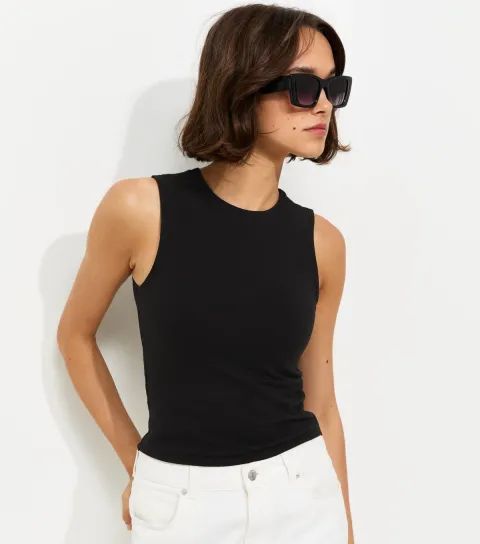 Women's Black Cotton Rich Cropped Sleeveless Tank Top